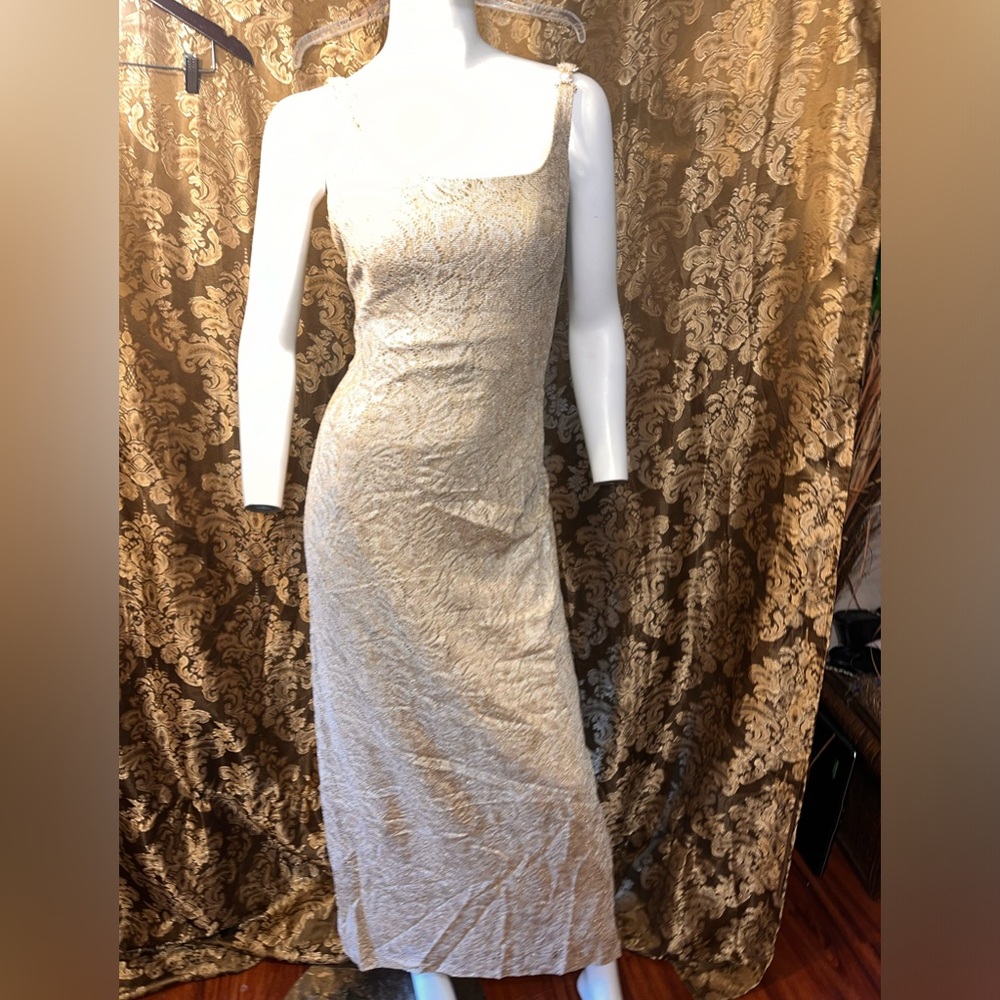 BARI-JAY Formal Maxi Dress Beige Gold Lace Gold Tone Rhinestone Sz 12